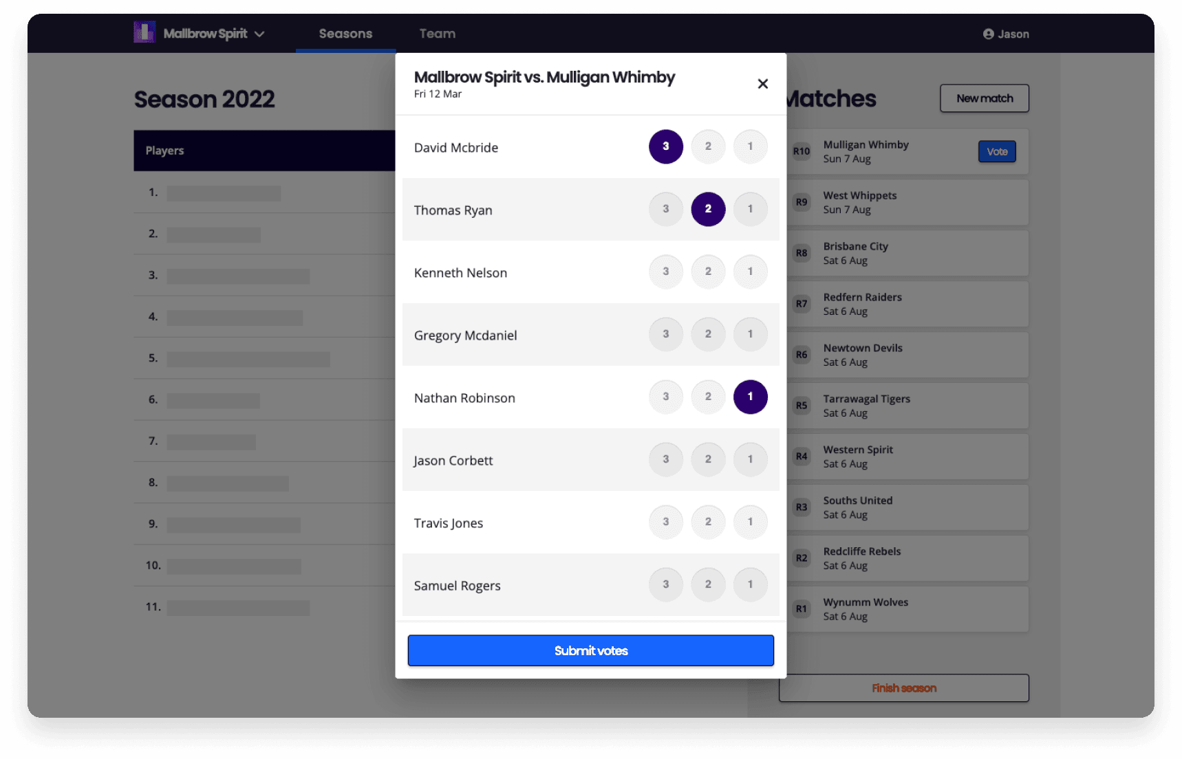 A player submitting their votes